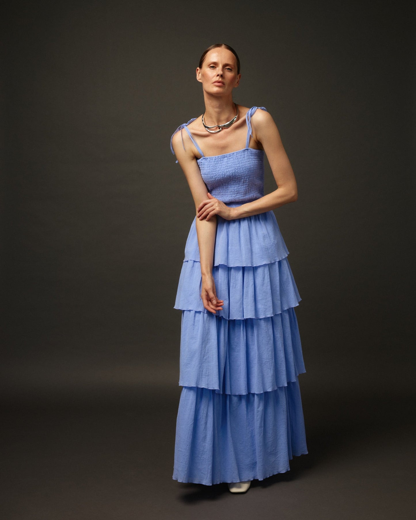 Long Ruffle Spaghetti Strap Cotton Dress "Paris" in Lavender - NiSO