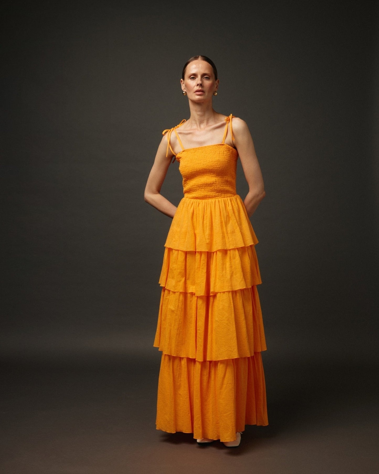 Long Ruffle Spaghetti Strap Cotton Dress "Paris" in Orange - NiSO