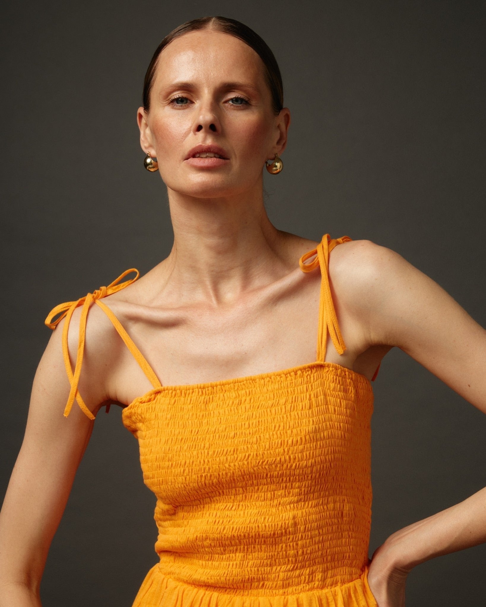 Long Ruffle Spaghetti Strap Cotton Dress "Paris" in Orange - NiSO