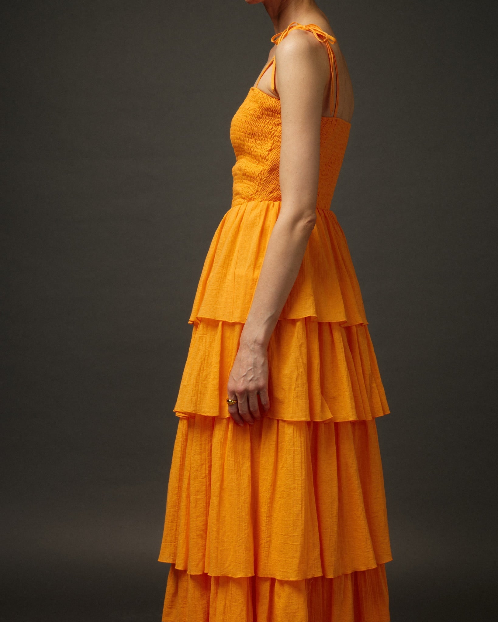Long Ruffle Spaghetti Strap Cotton Dress "Paris" in Orange - NiSO