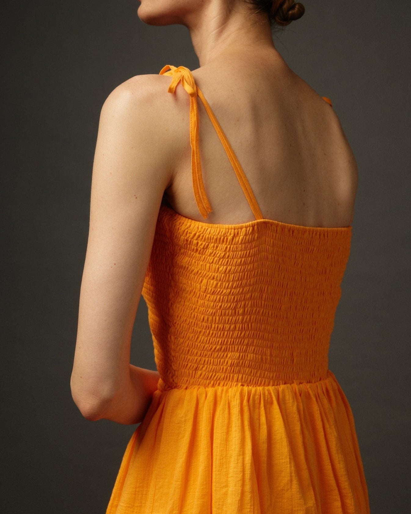 Long Ruffle Spaghetti Strap Cotton Dress "Paris" in Orange - NiSO