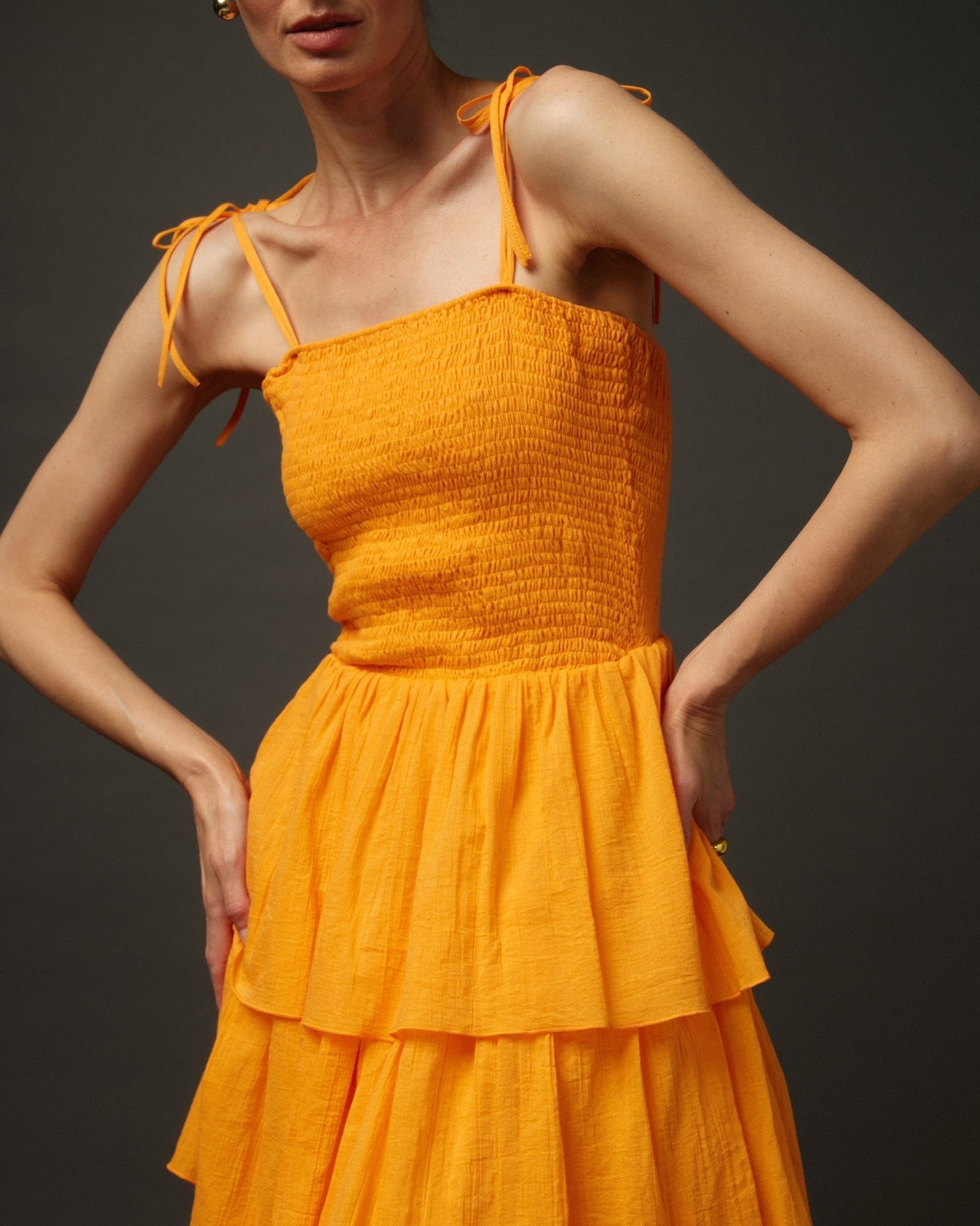 Long Ruffle Spaghetti Strap Cotton Dress "Paris" in Orange - NiSO