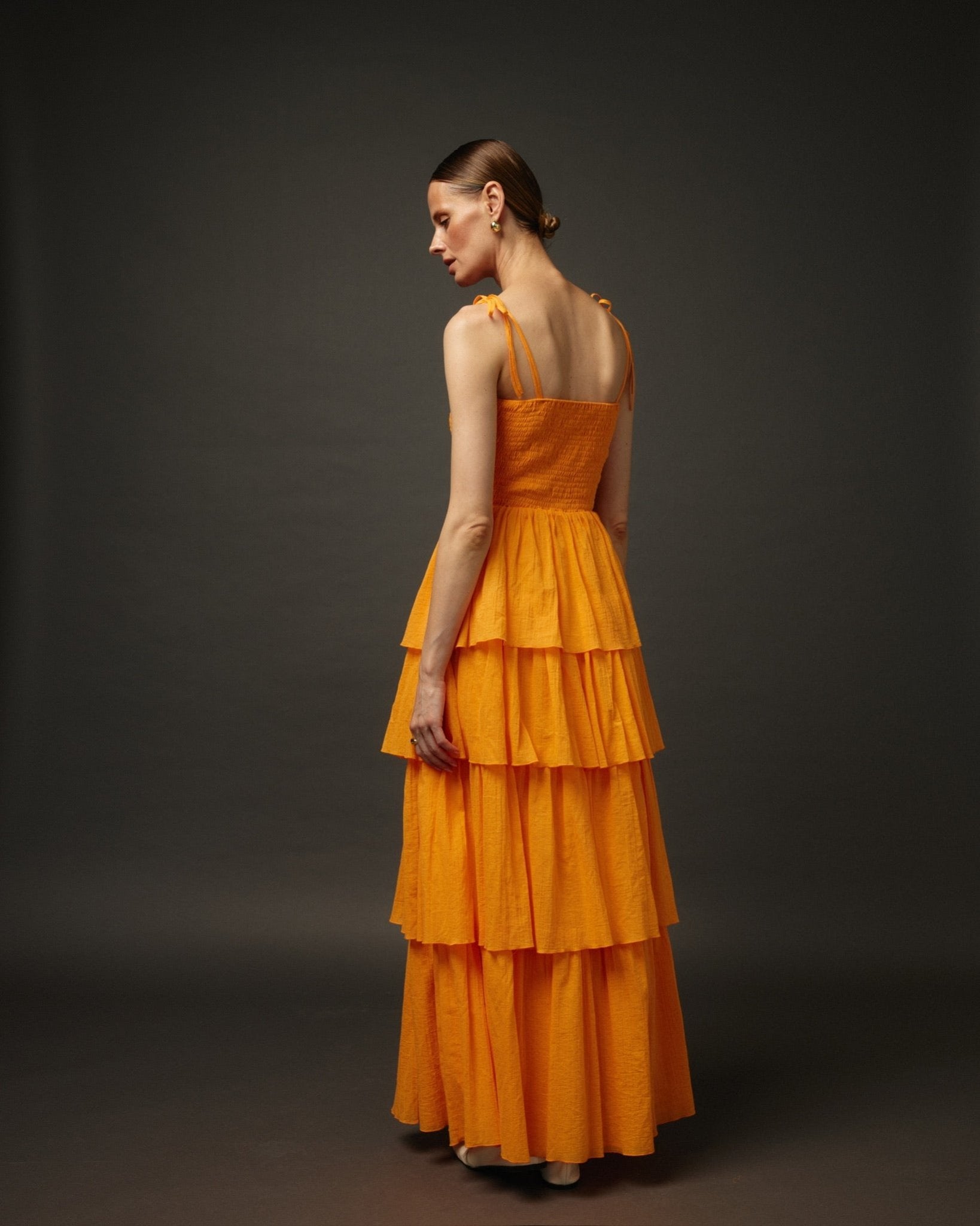 Long Ruffle Spaghetti Strap Cotton Dress "Paris" in Orange - NiSO