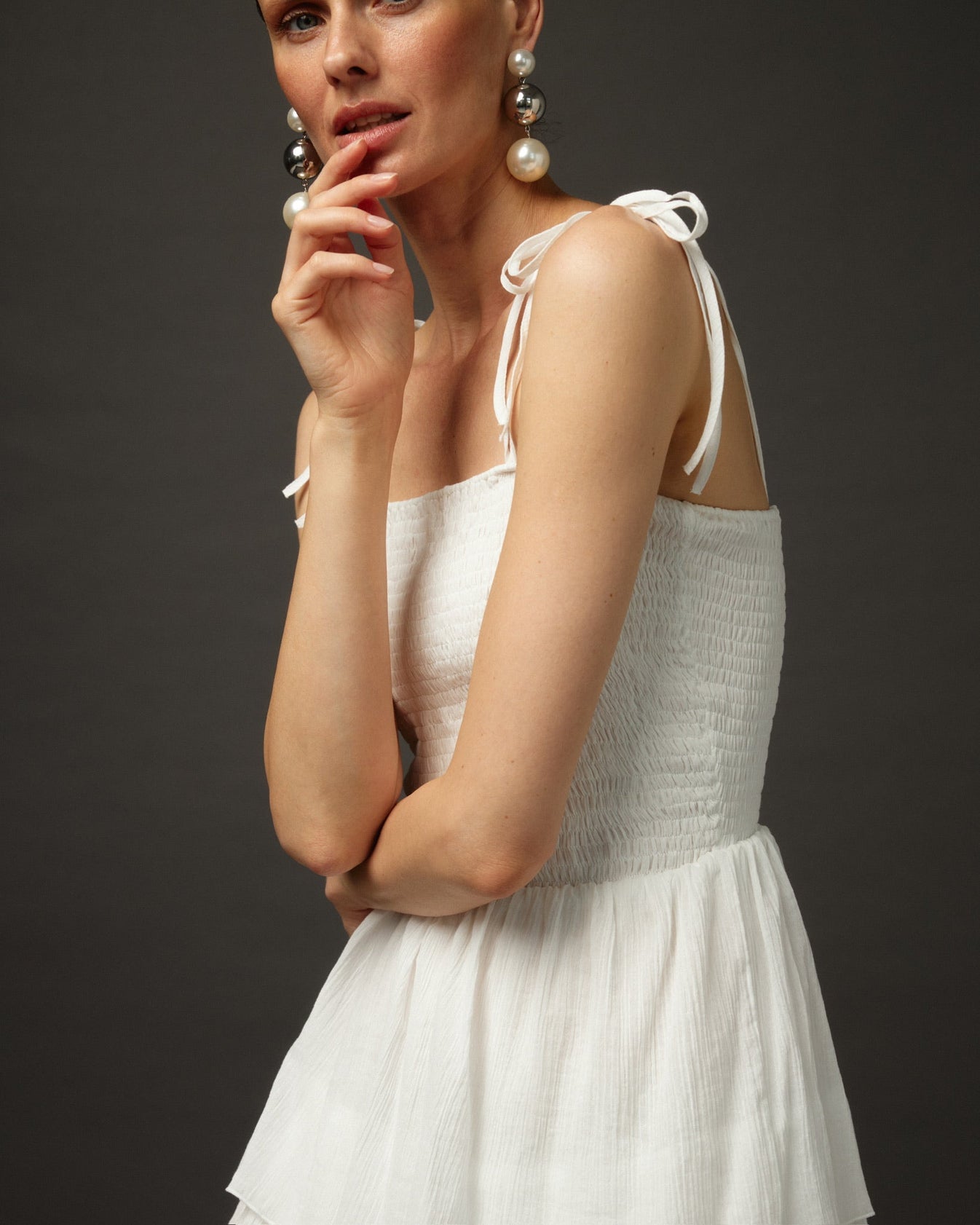 Long Ruffle Spaghetti Strap Cotton Dress "Paris" in White - NiSO