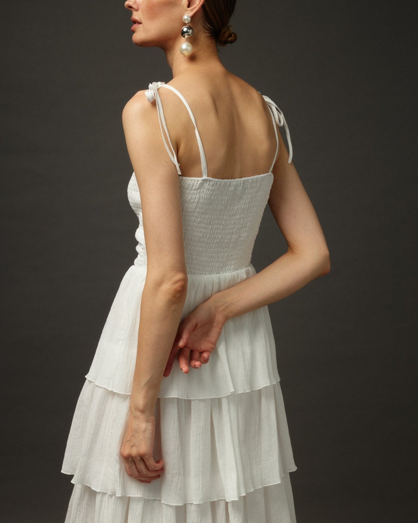 Long Ruffle Spaghetti Strap Cotton Dress "Paris" in White - NiSO