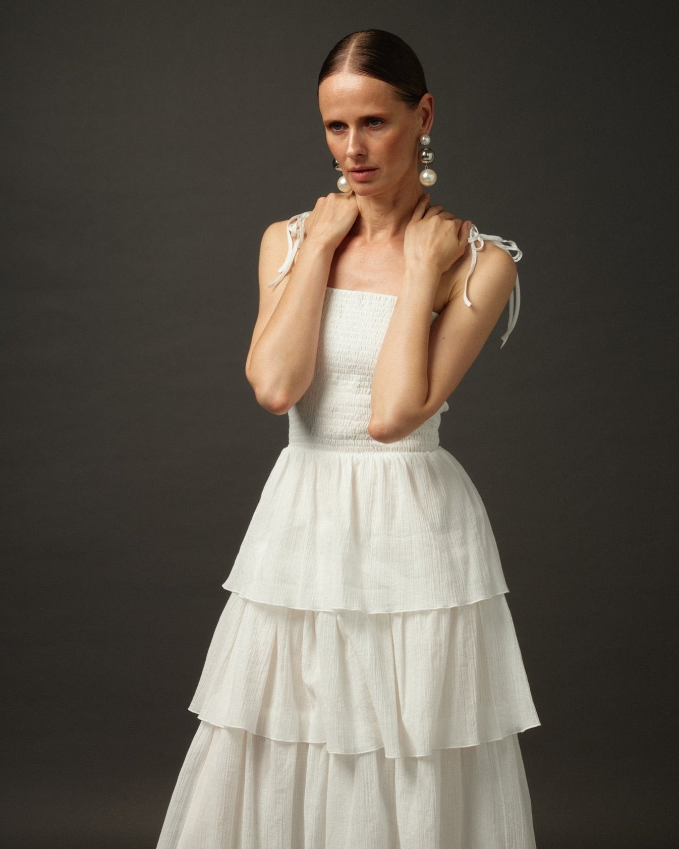 Long Ruffle Spaghetti Strap Cotton Dress "Paris" in White - NiSO