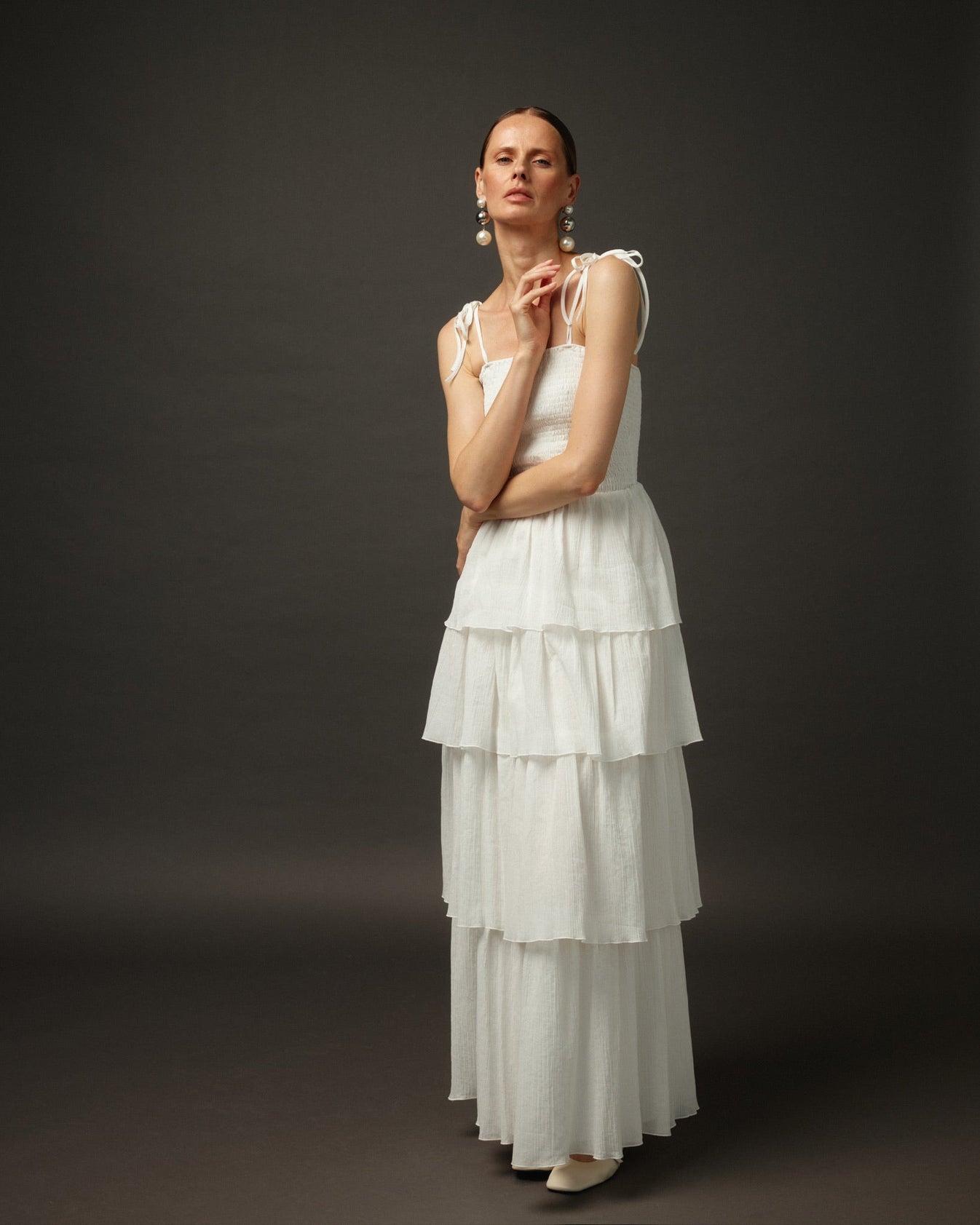 Long Ruffle Spaghetti Strap Cotton Dress "Paris" in White - NiSO