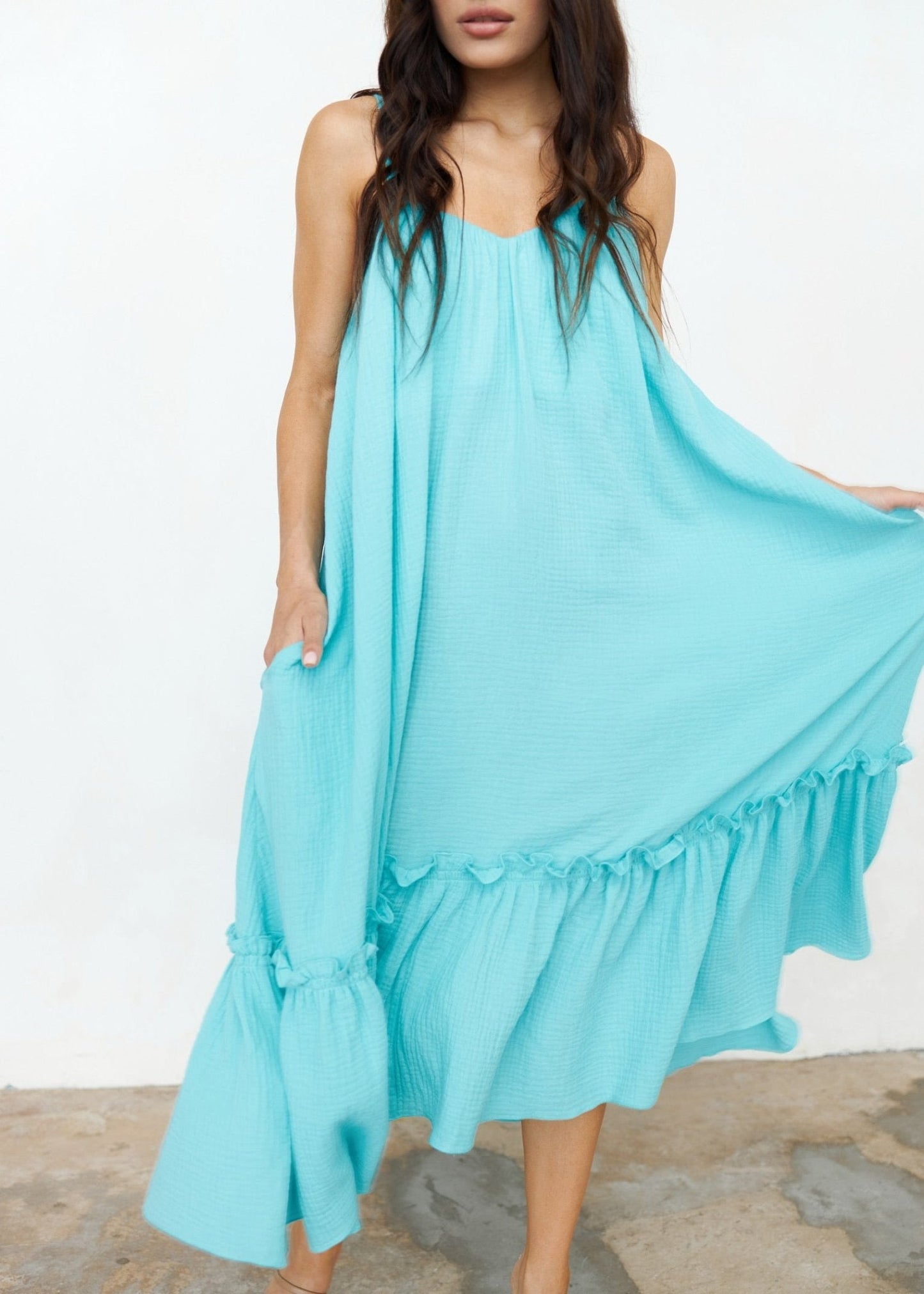 Universal Midi Muslin Summer Dress in Aqua - NiSO