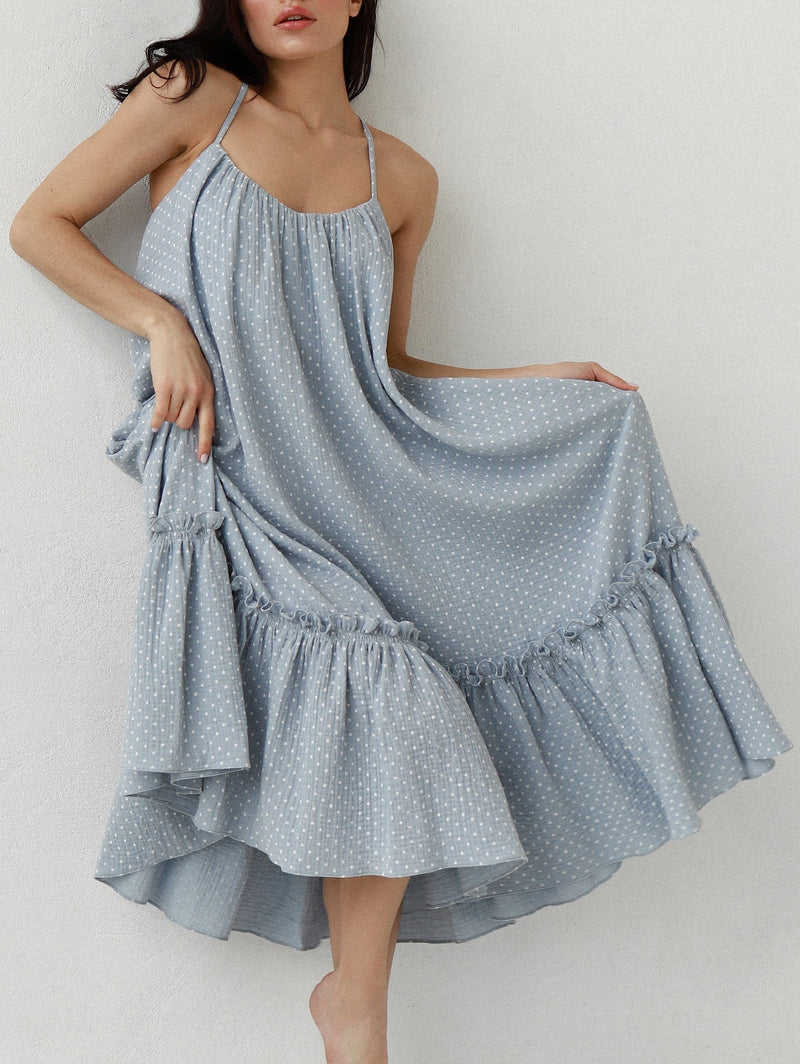 Universal Midi Muslin Summer Dress in Blue with Dots - NiSO