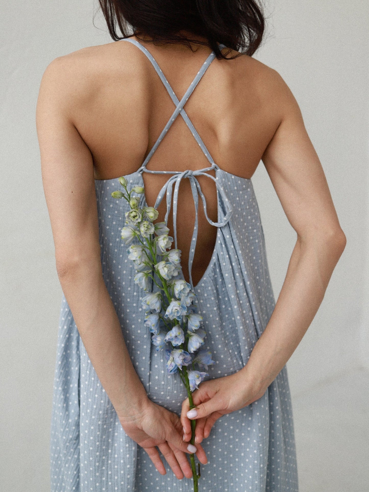 Universal Midi Muslin Summer Dress in Blue with Dots - NiSO