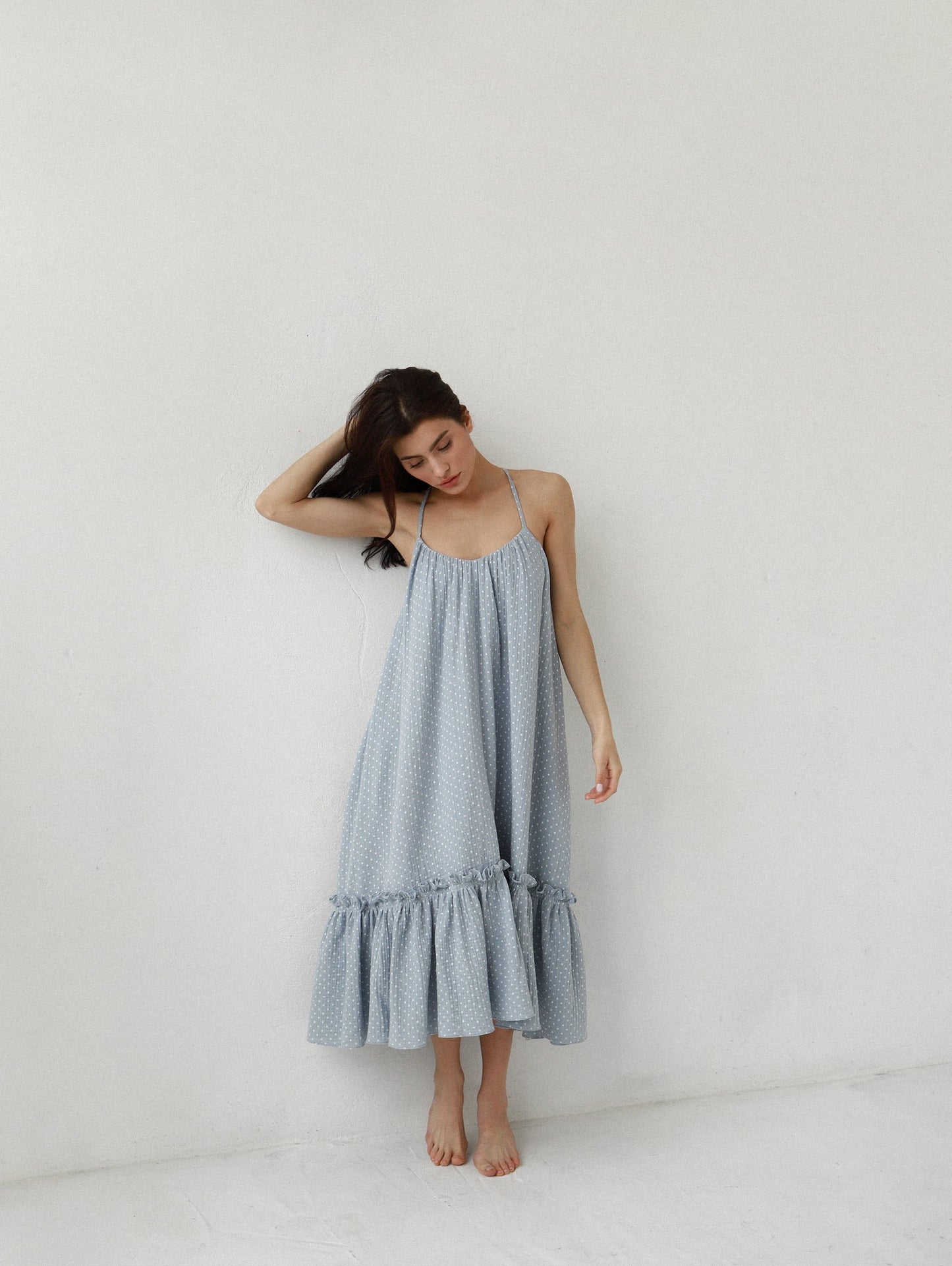 Universal Midi Muslin Summer Dress in Blue with Dots - NiSO