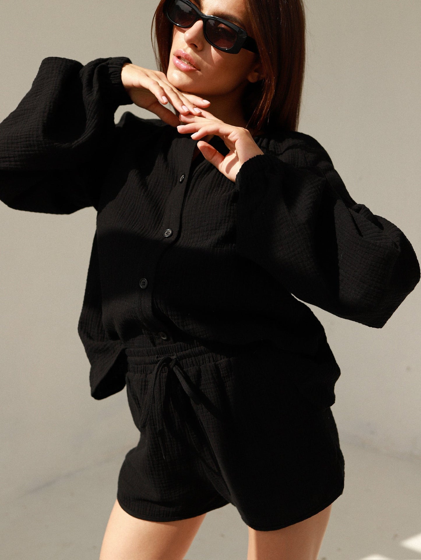 Natural Muslin Set with Shorts in Black - NiSO