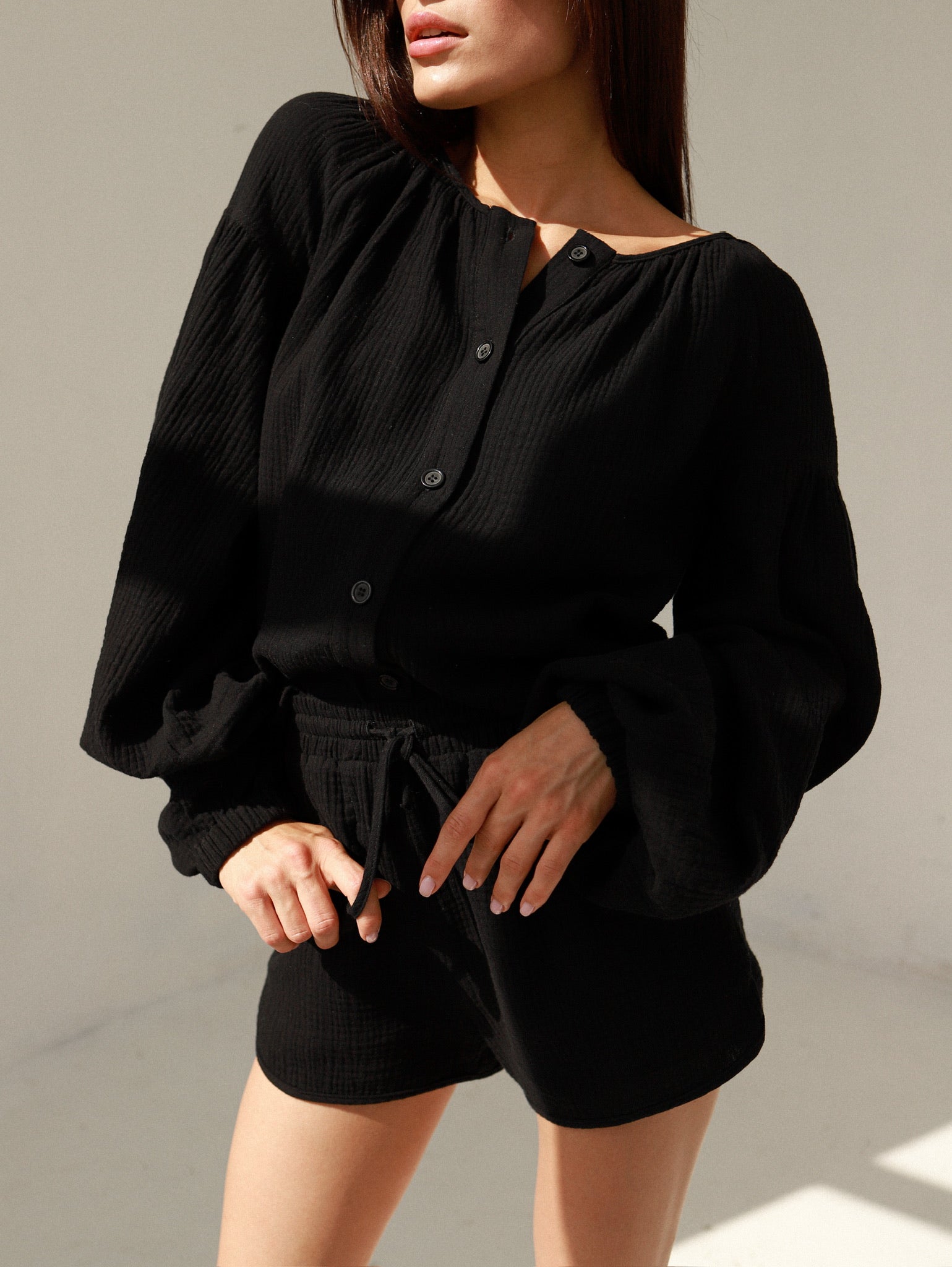 Natural Muslin Set with Shorts in Black - NiSO