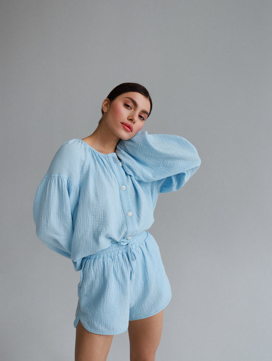 Natural Muslin Set with Shorts in Blue - NiSO