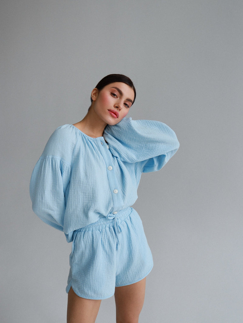 Natural Muslin Set with Shorts in Blue - NiSO