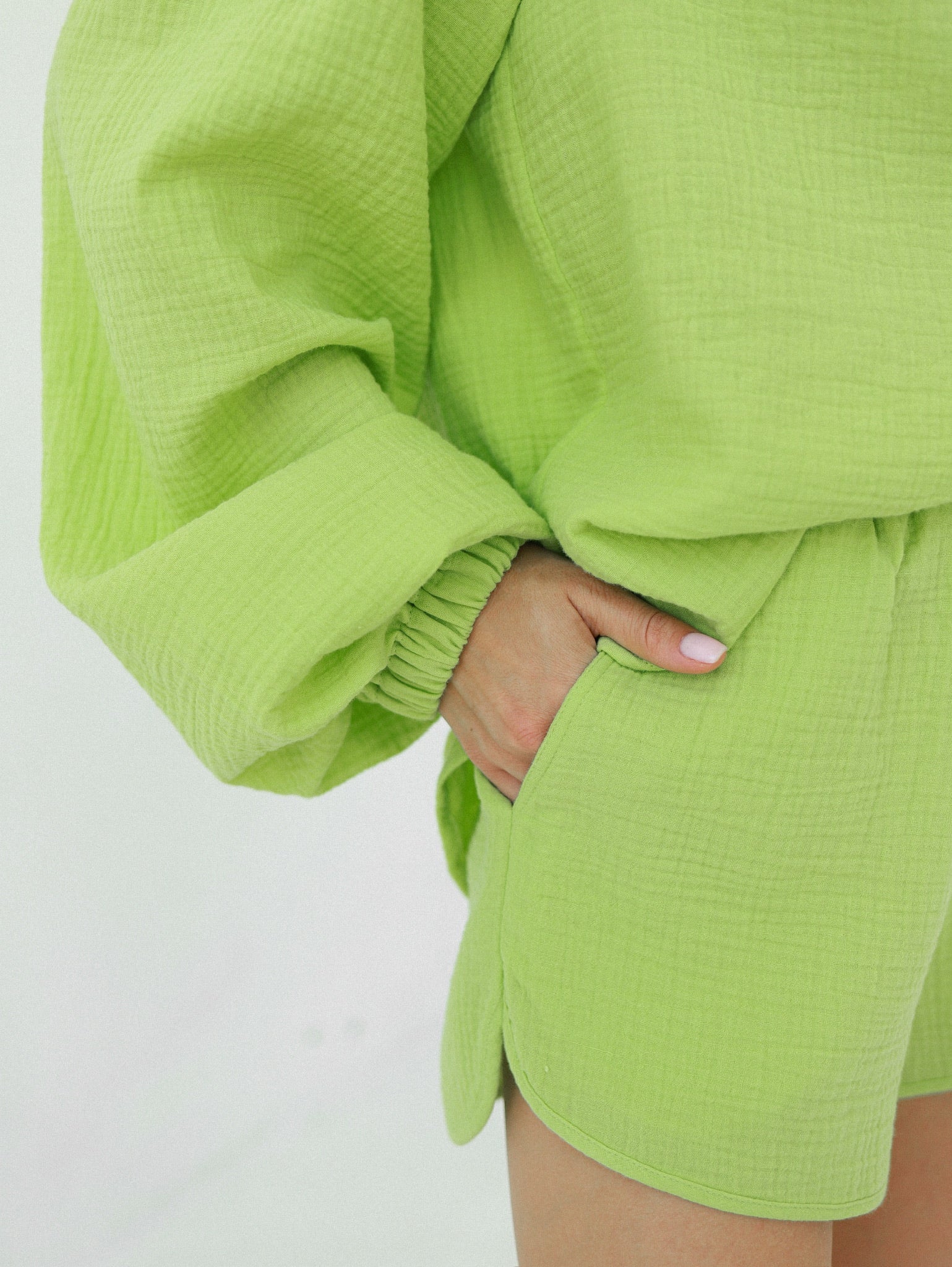 Natural Muslin Set with Shorts in Green - NiSO