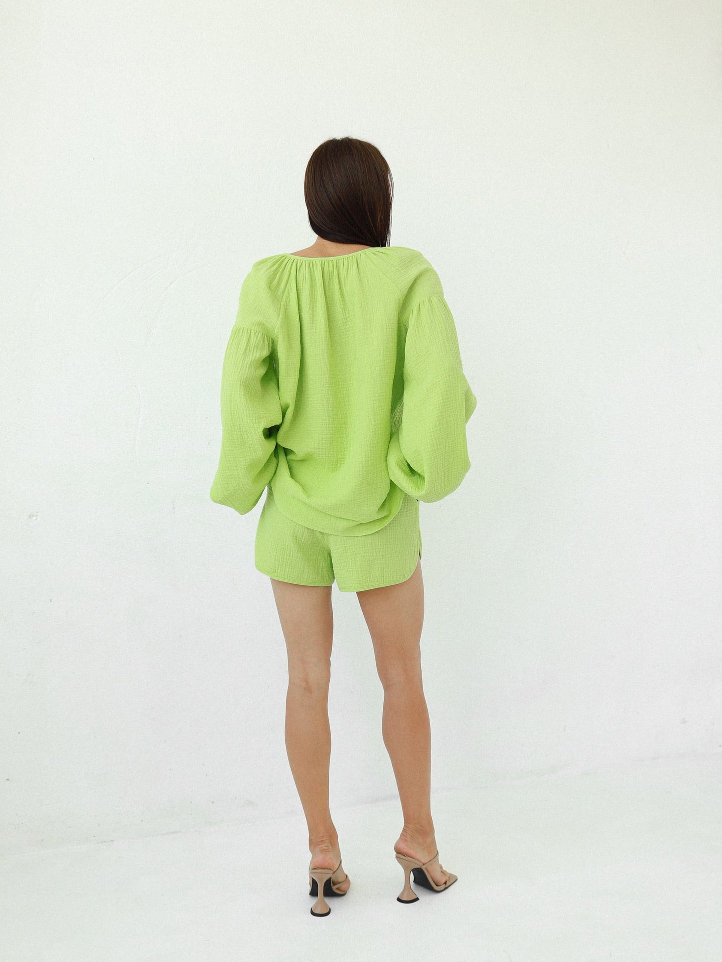 Natural Muslin Set with Shorts in Green - NiSO