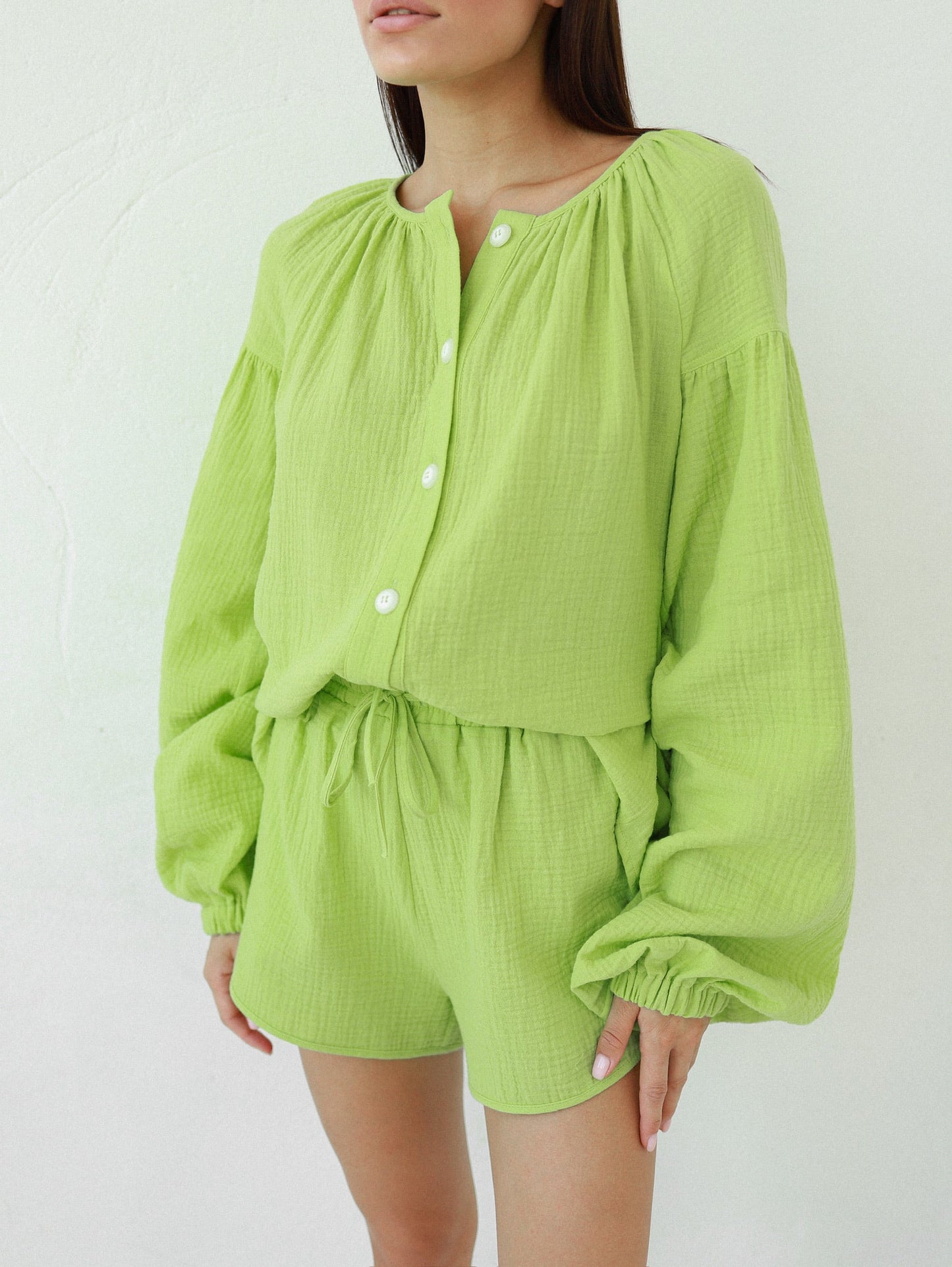 Natural Muslin Set with Shorts in Green - NiSO