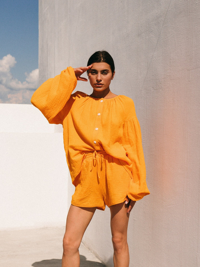 Natural Muslin Set with Shorts in Orange - NiSO