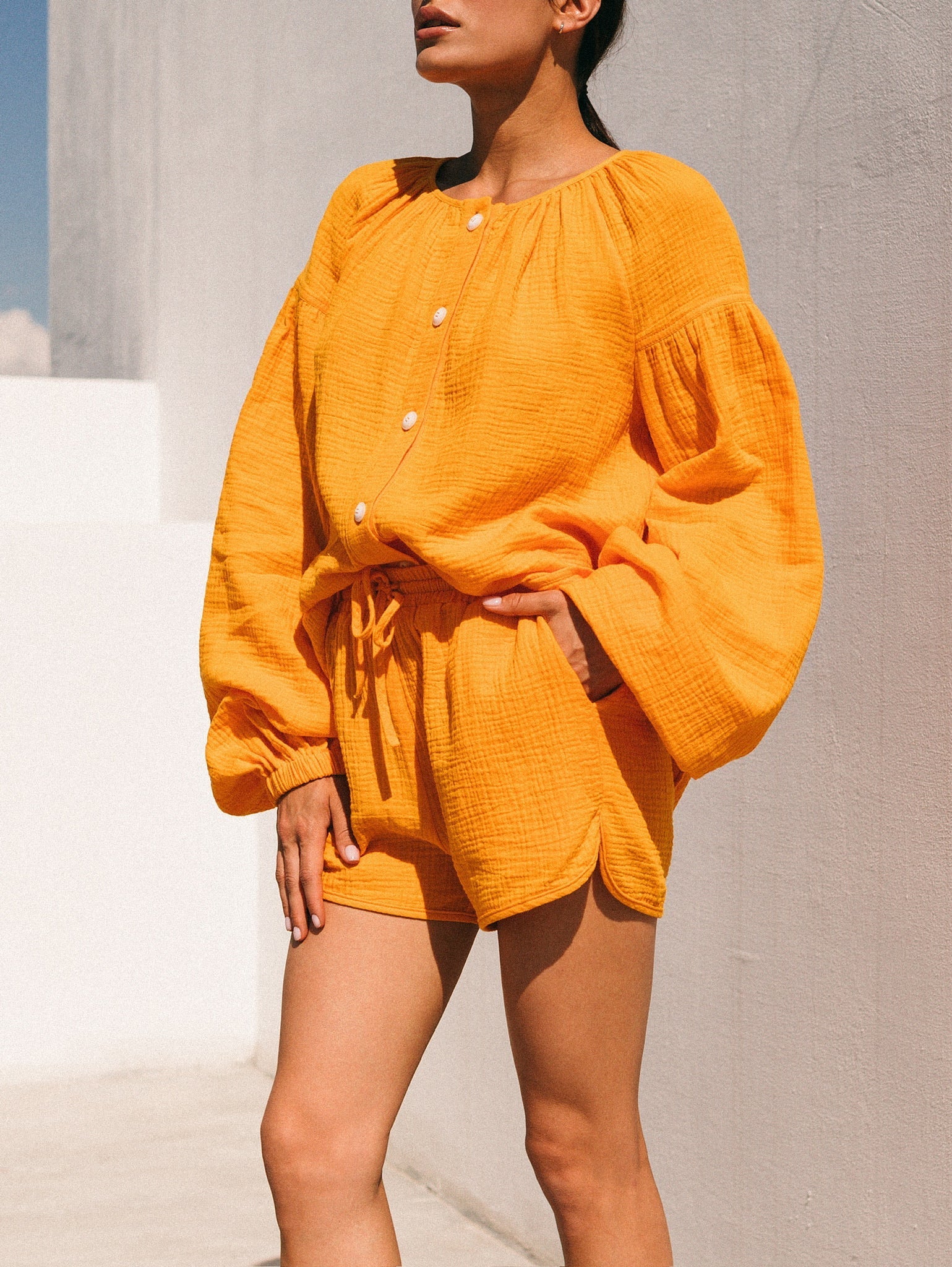 Natural Muslin Set with Shorts in Orange - NiSO