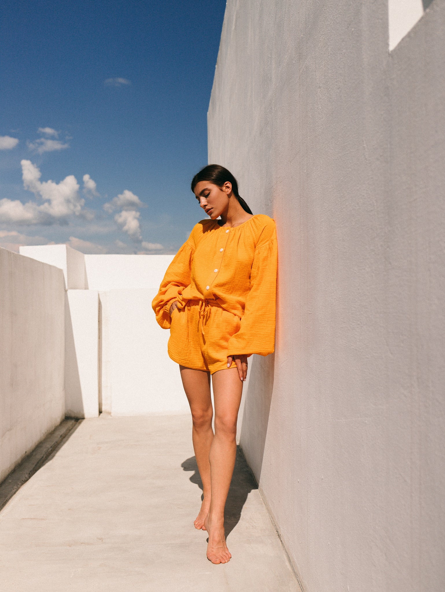 Natural Muslin Set with Shorts in Orange - NiSO