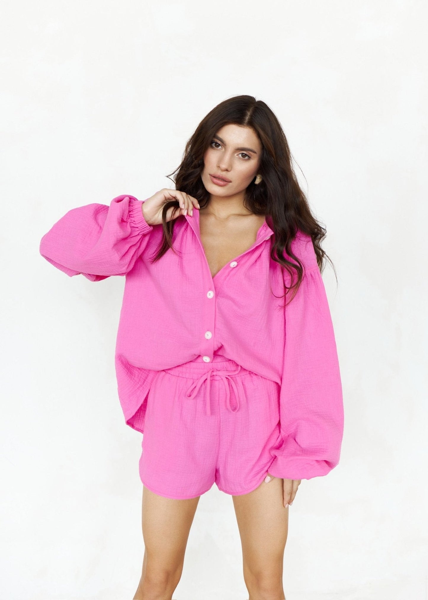 Natural Muslin Set with Shorts in Pink - NiSO