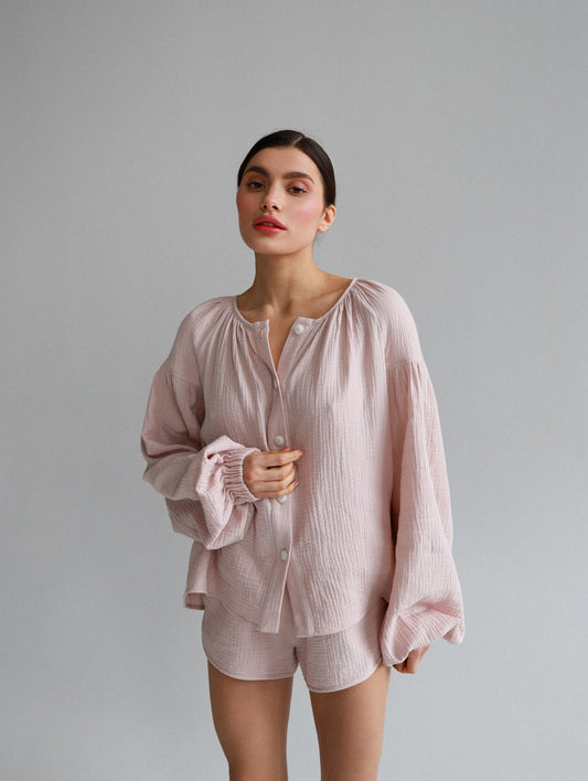 Natural Muslin Set with Shorts in Powder - NiSO