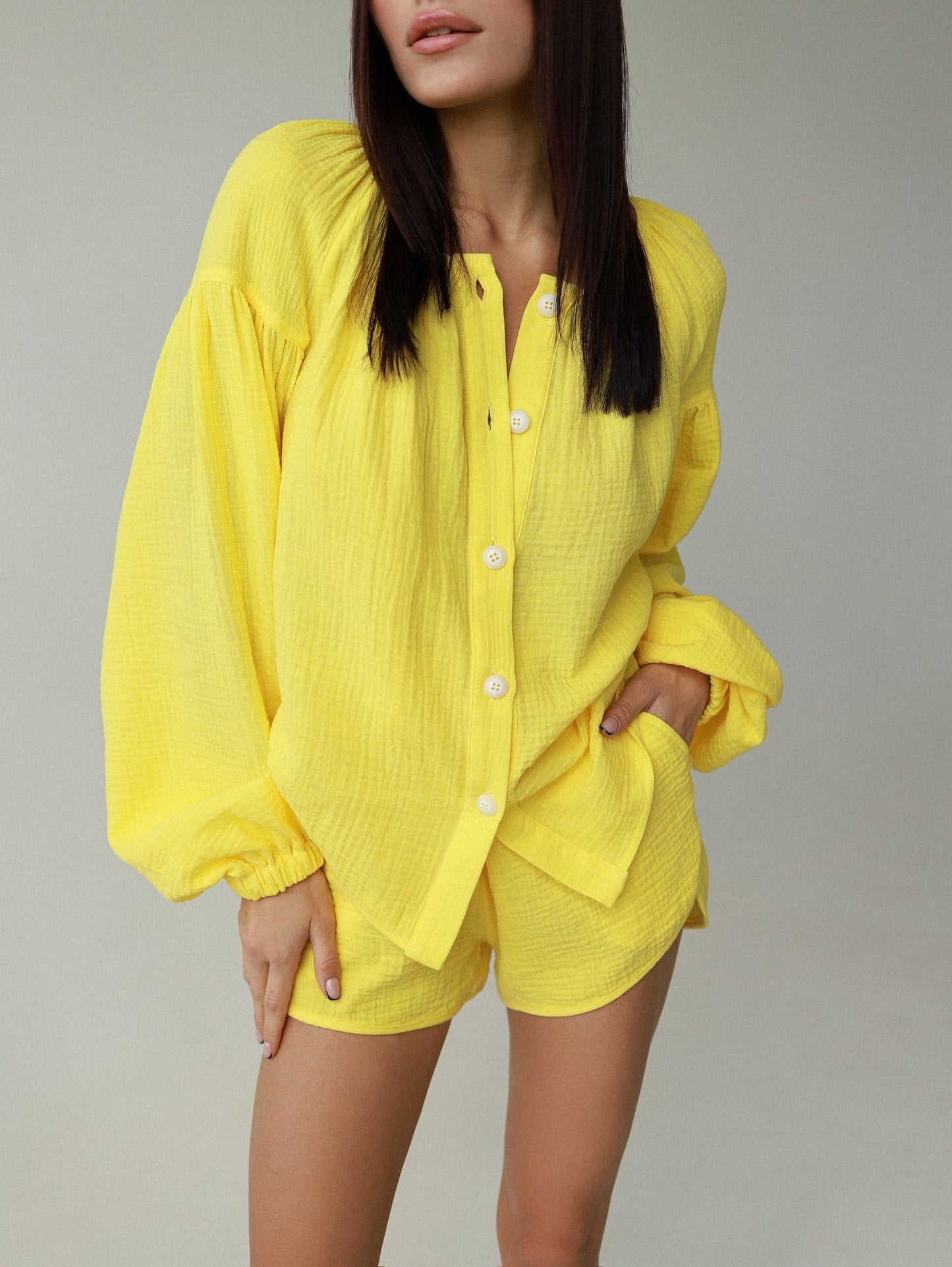 Natural Muslin Set with Shorts in Yellow - NiSO