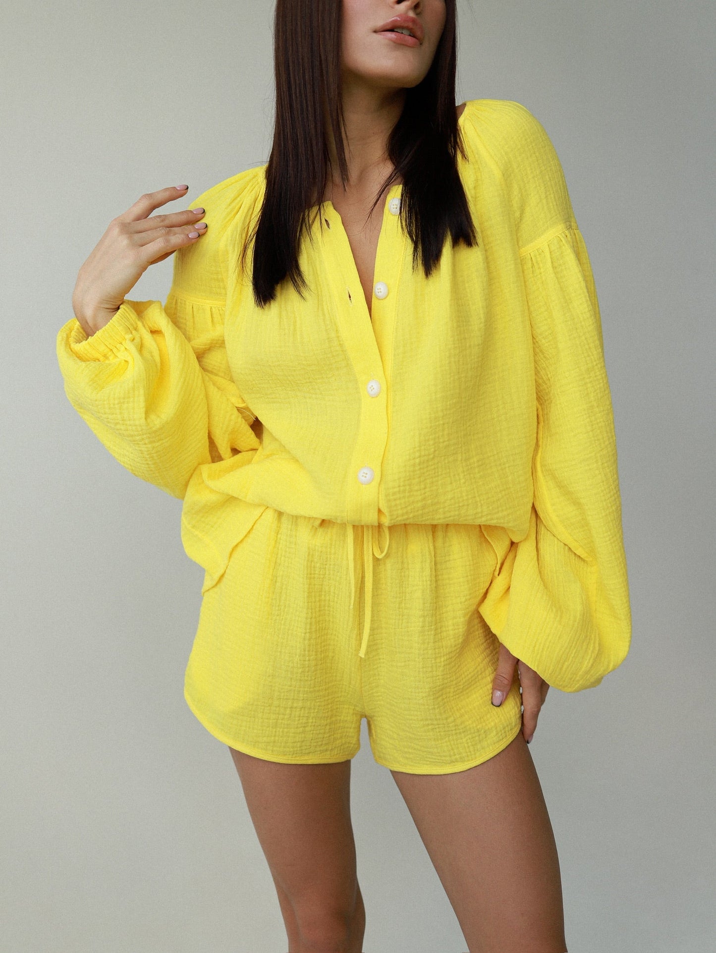 Natural Muslin Set with Shorts in Yellow - NiSO
