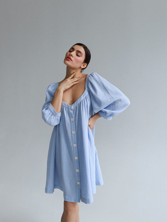 Universal Short Muslin Summer Dress in Blue - NiSO