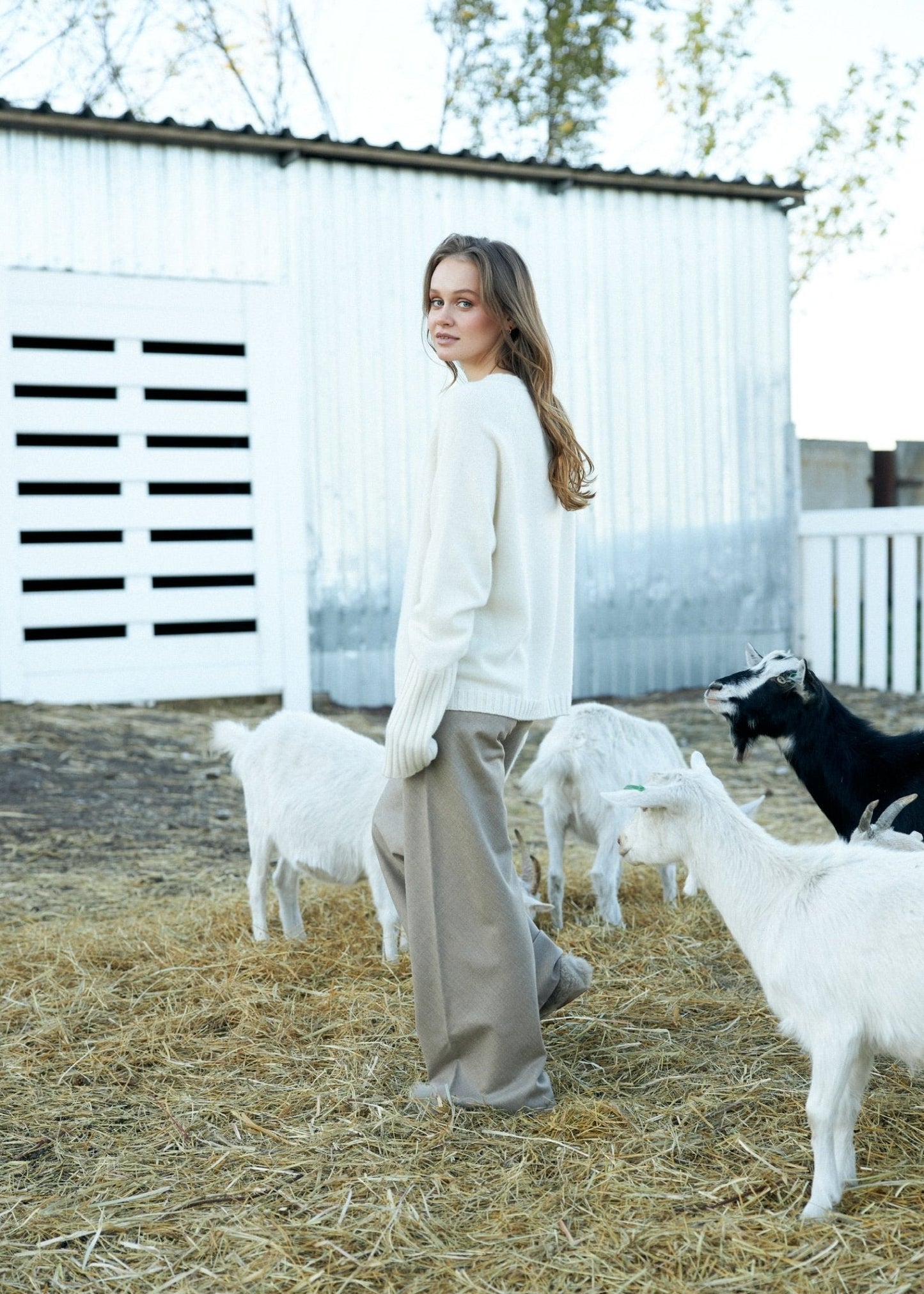 Crew - Neck 100% Cashmere Sweater in White - NiSO