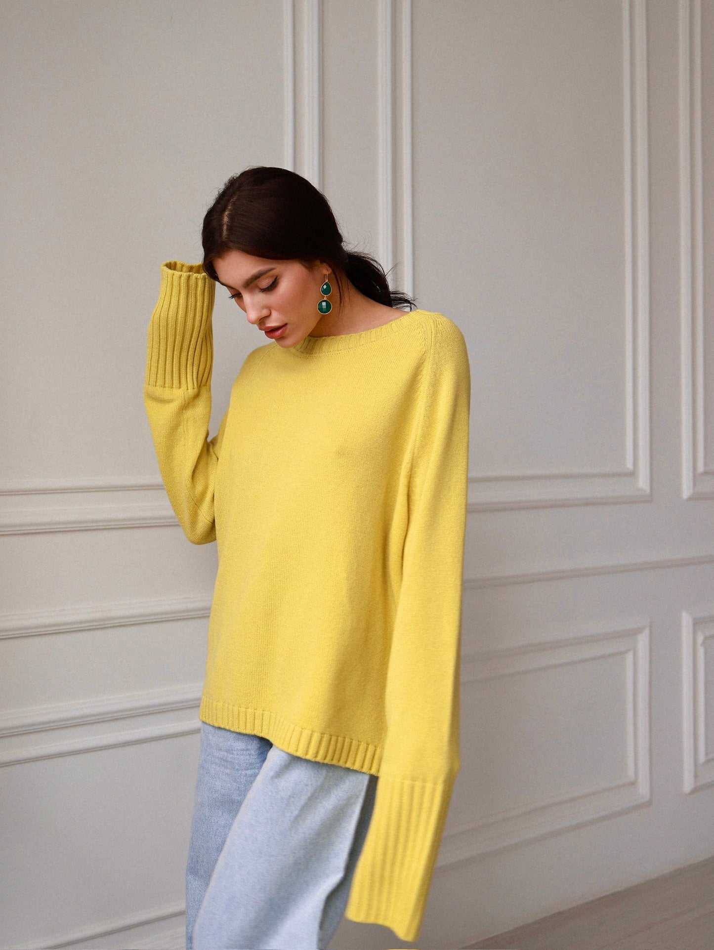 Crew - Neck 100% Cashmere Sweater in Yellow - NiSO