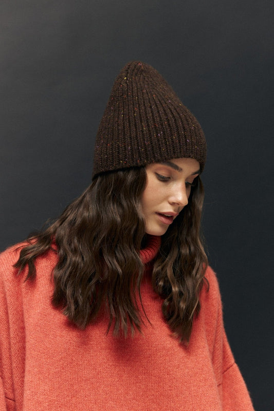 Pure Cashmere Beanie in Brown Tweed - NiSO
