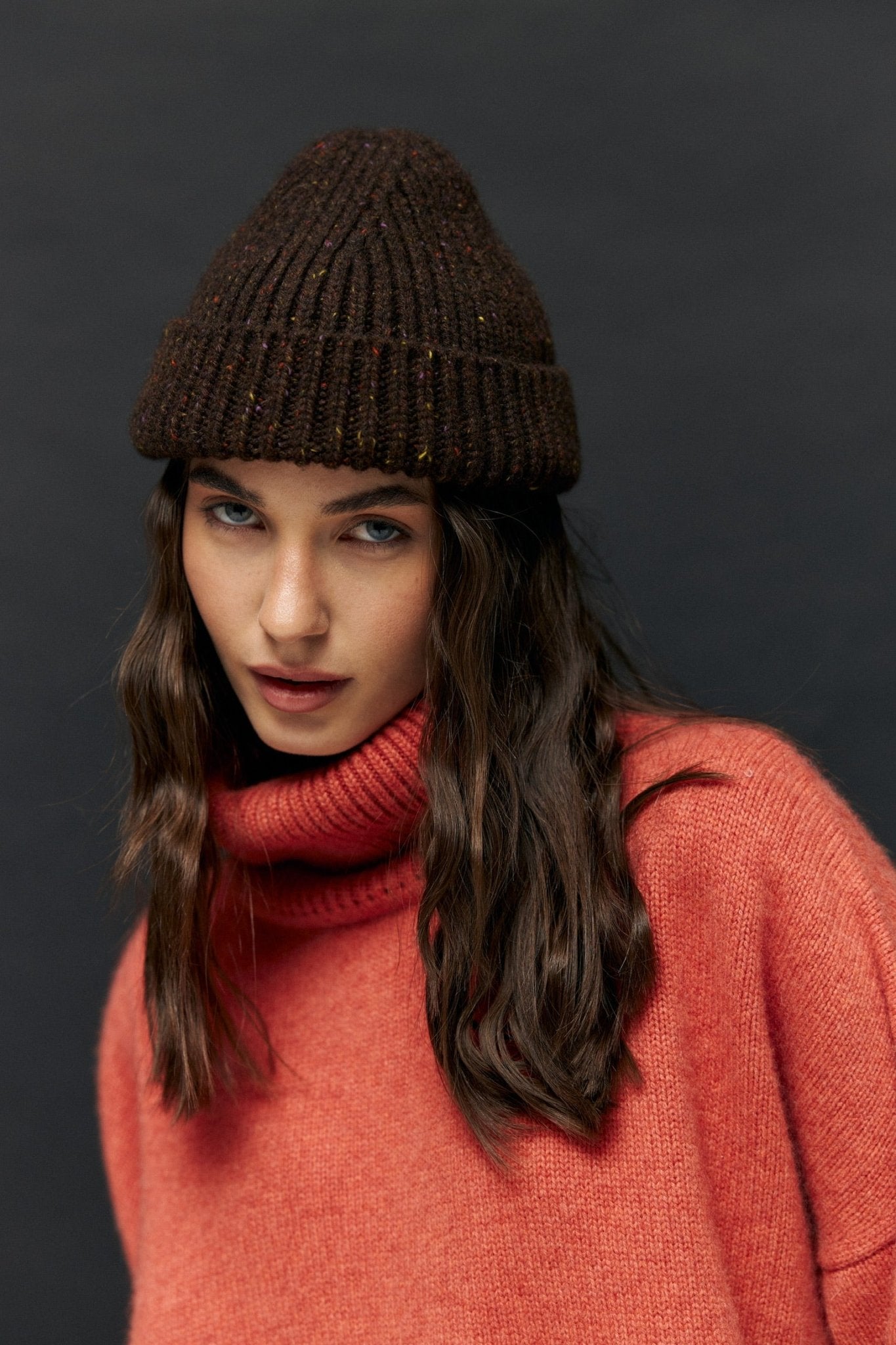 Pure Cashmere Beanie in Brown Tweed - NiSO