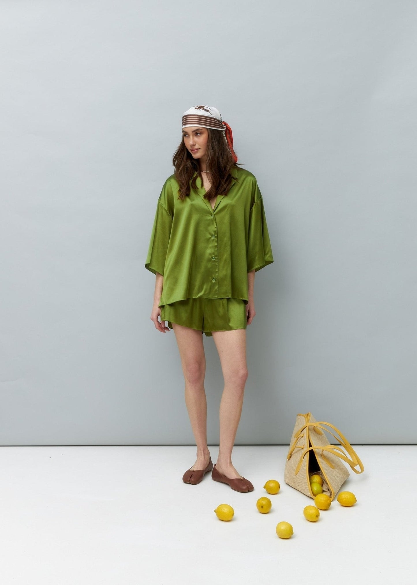 Pure Silk Blouse and Shorts Set in Green - NiSO