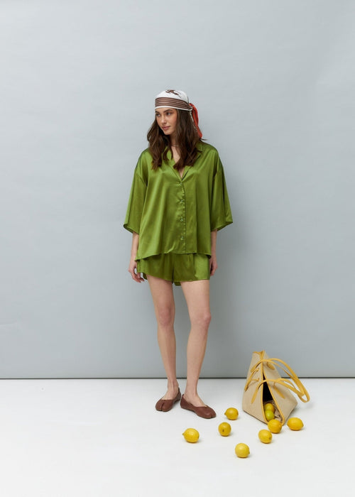 Pure Silk Blouse and Shorts Set in Green - NiSO