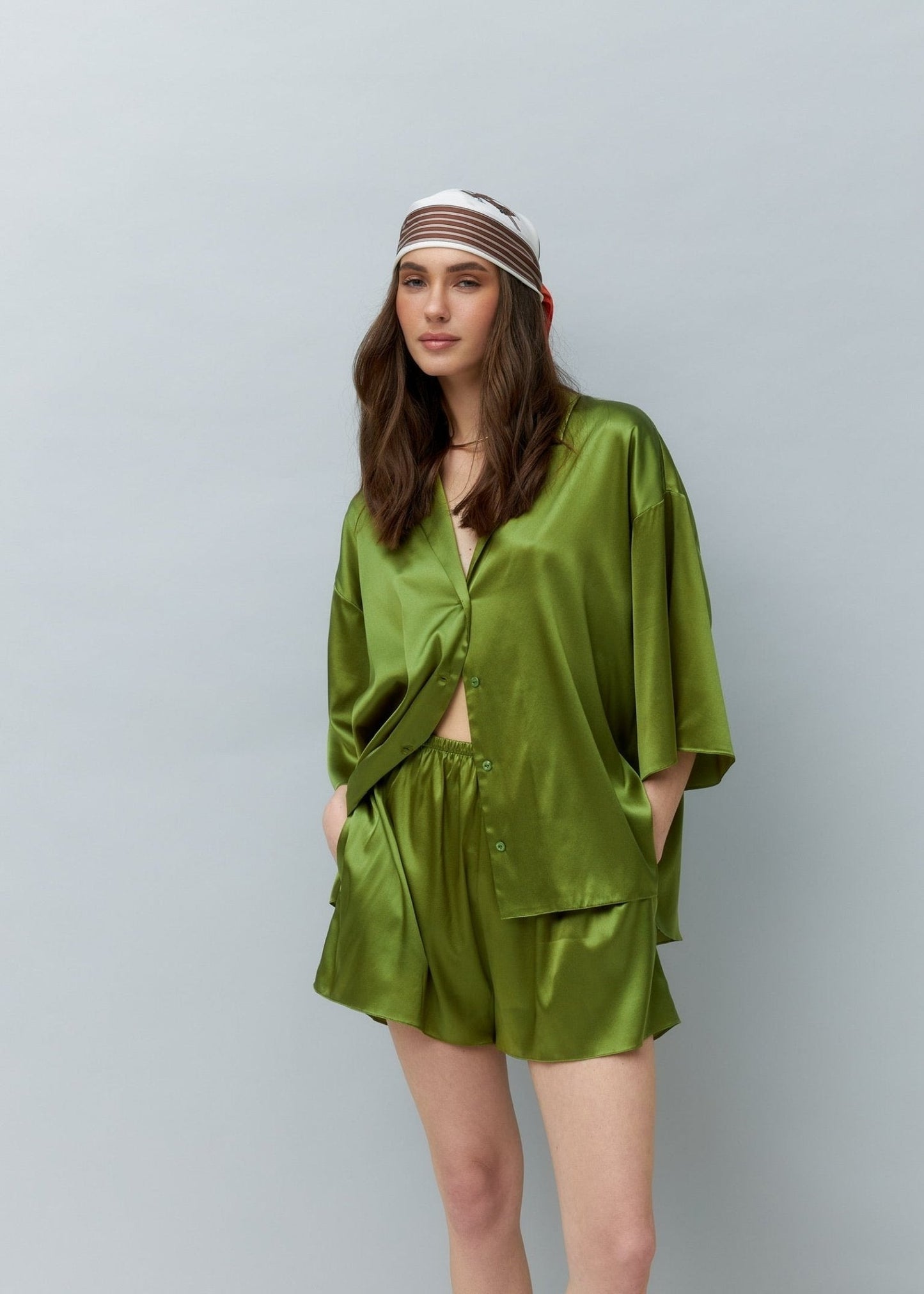 Pure Silk Blouse and Shorts Set in Green - NiSO