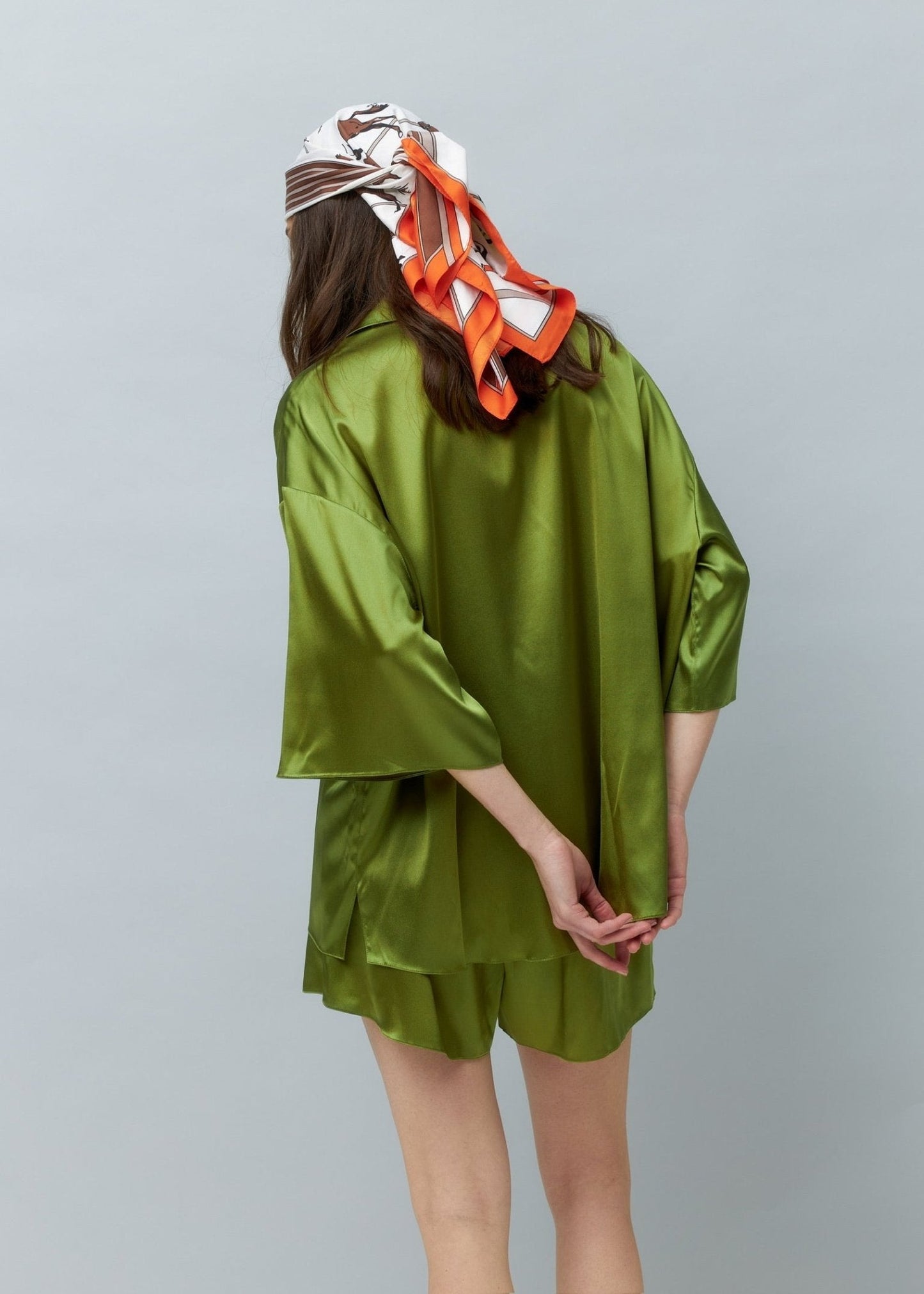 Pure Silk Blouse and Shorts Set in Green - NiSO