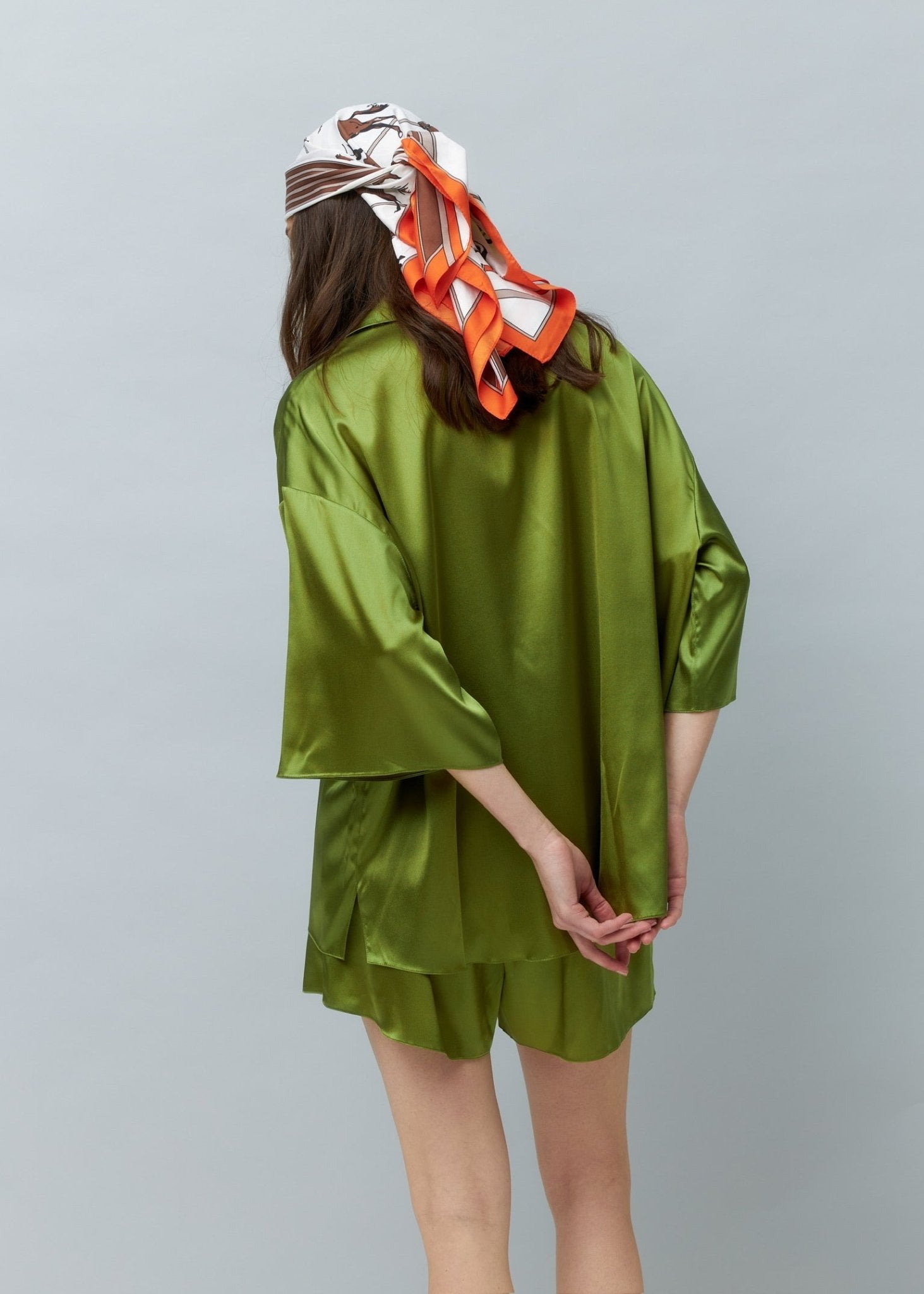 Pure Silk Blouse and Shorts Set in Green - NiSO