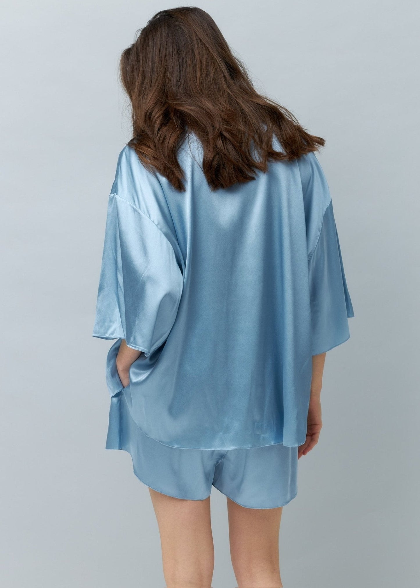 Pure Silk Blouse and Shorts Set in Light Blue - NiSO