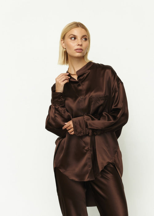 Pure Silk Blouse with Trousers Set in Brown - NiSO