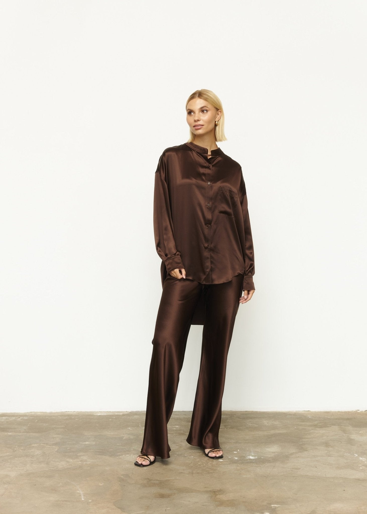 Pure Silk Blouse with Trousers Set in Brown - NiSO