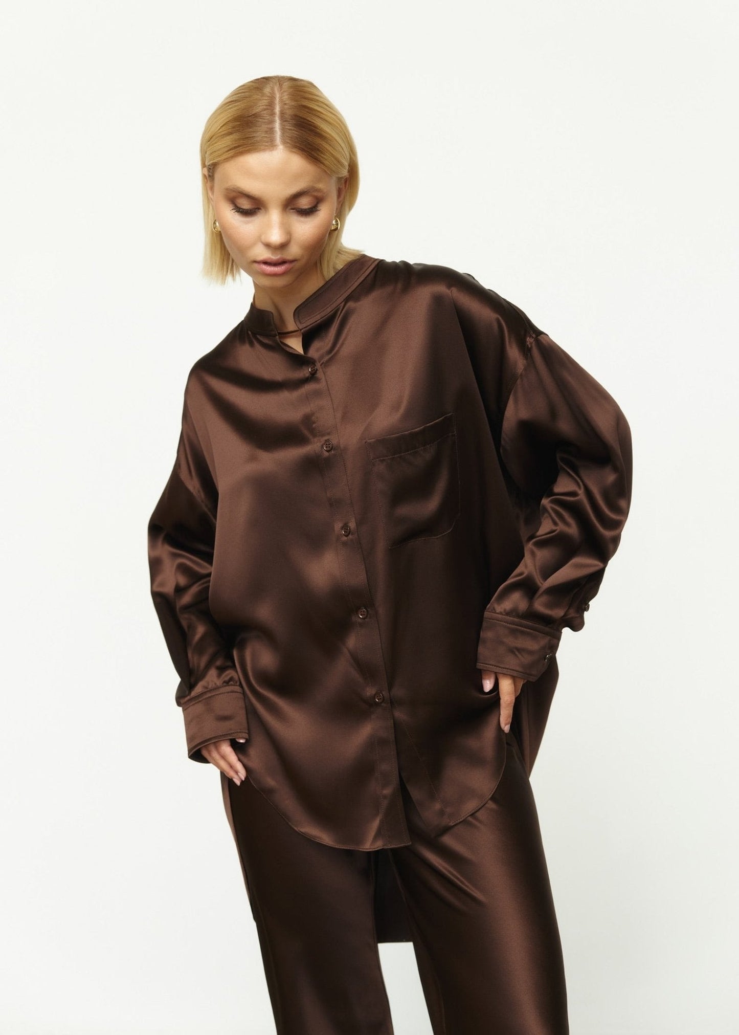 Pure Silk Blouse with Trousers Set in Brown - NiSO