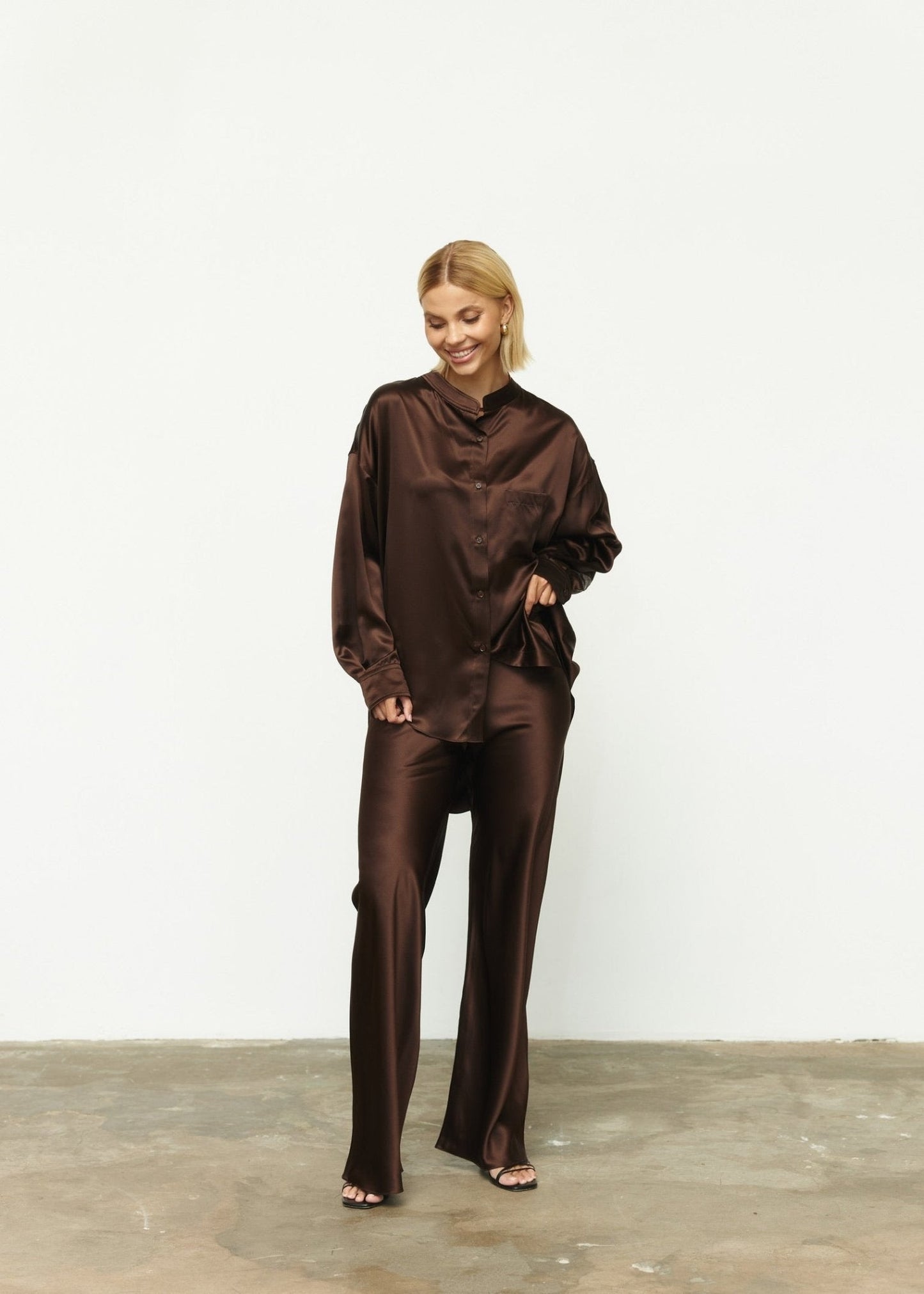 Pure Silk Blouse with Trousers Set in Brown - NiSO