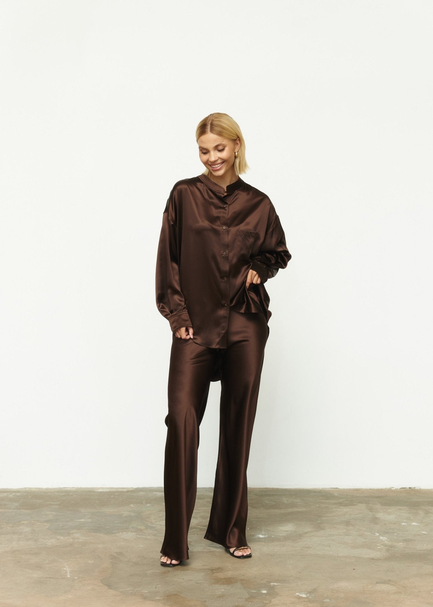 Pure Silk Blouse with Trousers Set in Brown - NiSO