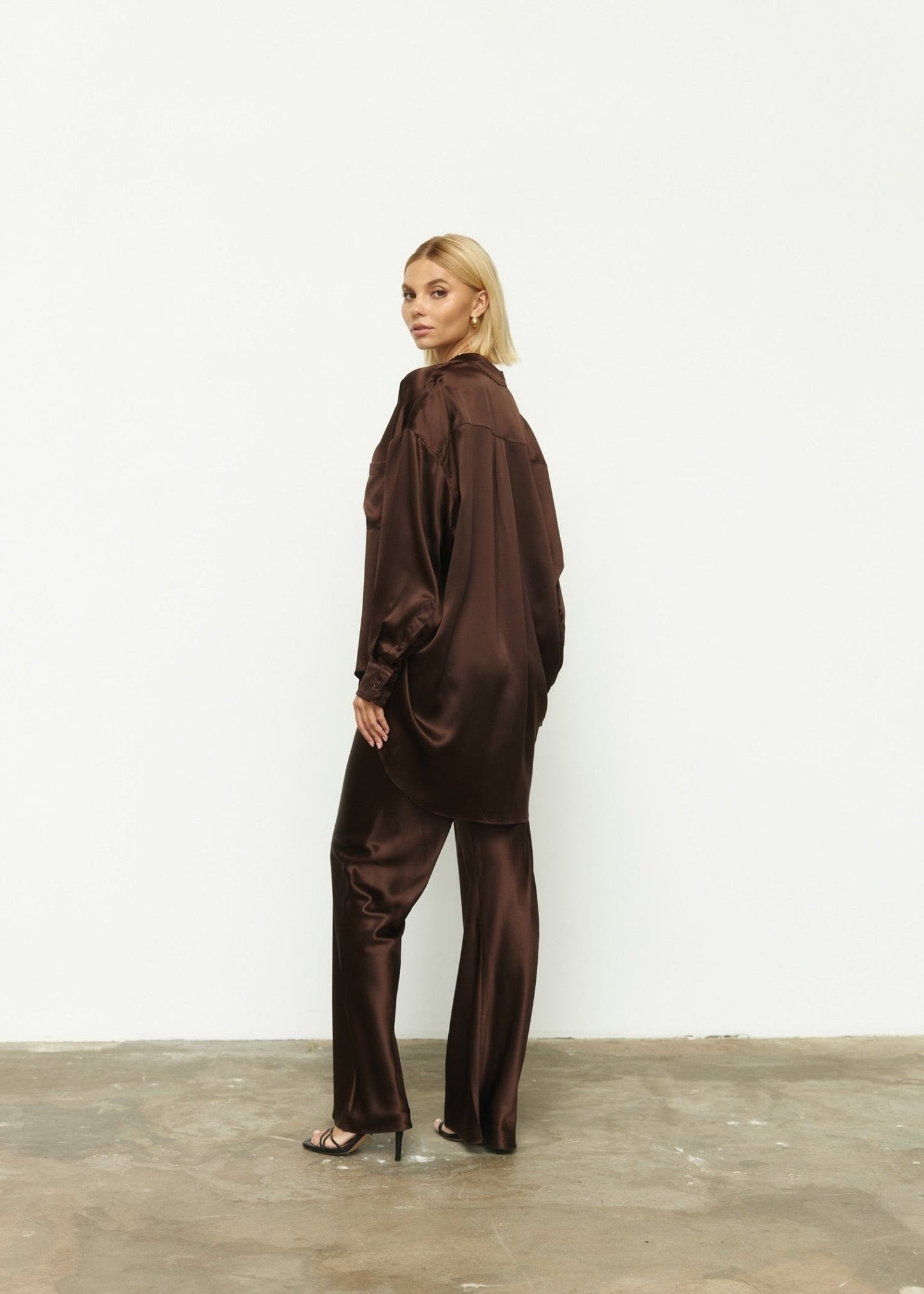 Pure Silk Blouse with Trousers Set in Brown - NiSO