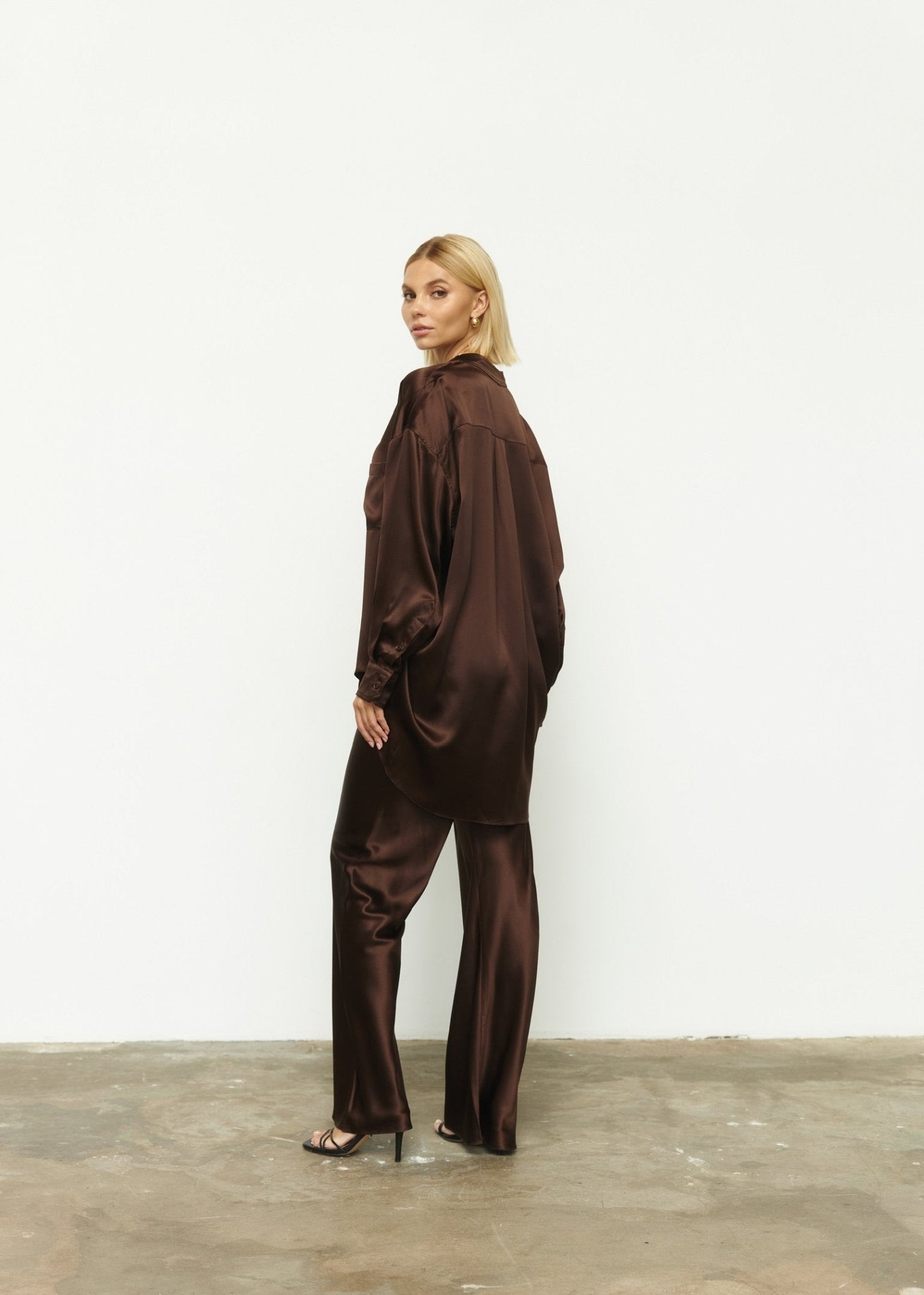 Pure Silk Blouse with Trousers Set in Brown - NiSO