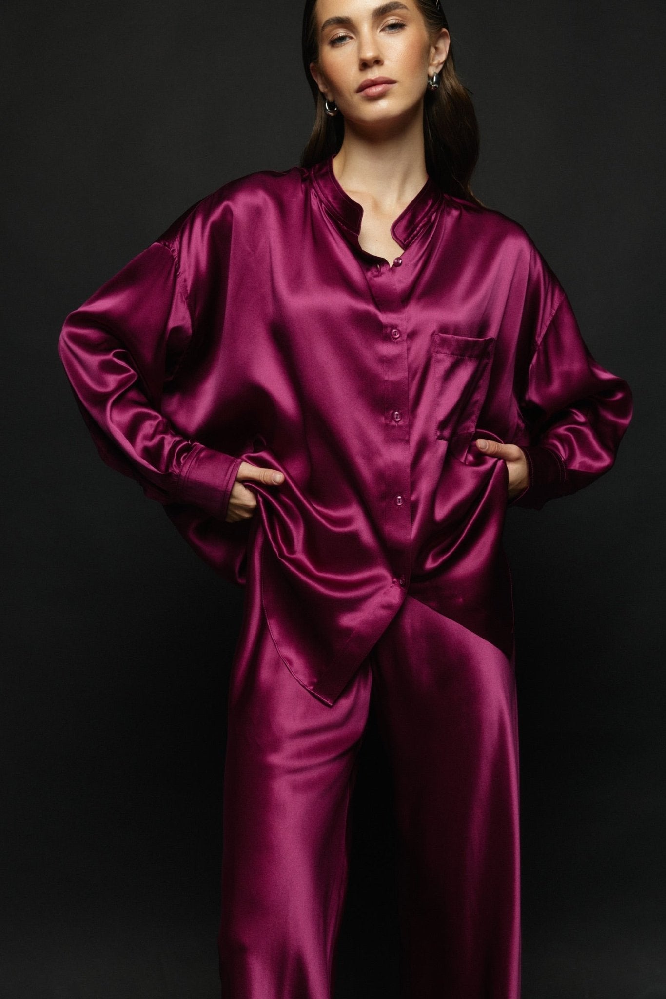 Pure Silk Blouse with Trousers Set in Burgundy - NiSO