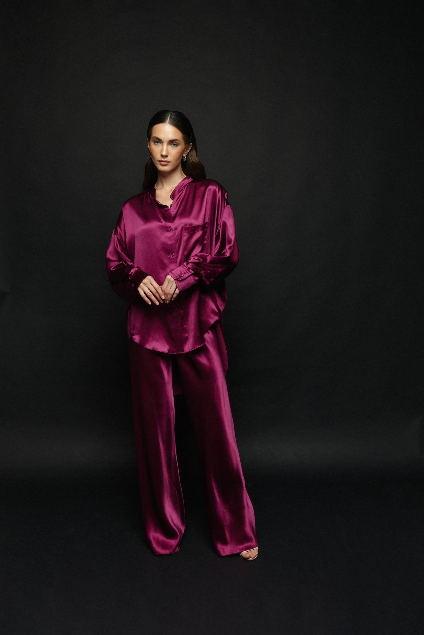 Pure Silk Blouse with Trousers Set in Burgundy - NiSO