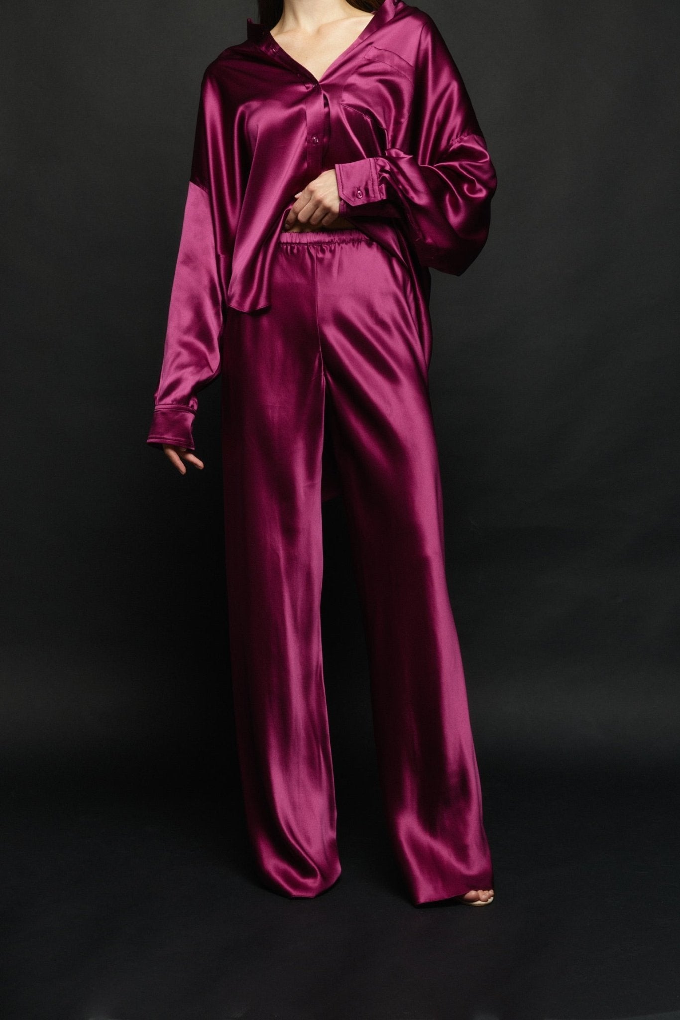 Pure Silk Blouse with Trousers Set in Burgundy - NiSO